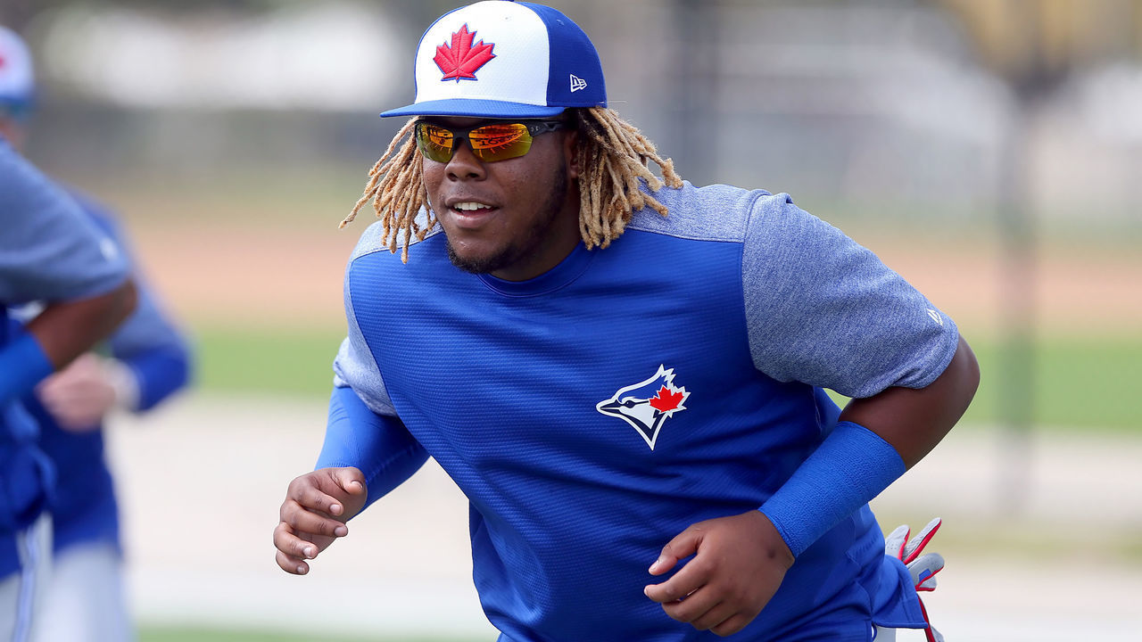 Dunedin, FL - FEB 18: Vladimir Guerrero Jr. (27) takes a lead during the Toronto Blue Jays spring training workout on February 18, 2019, at the Bobby Mattick Training Center at Englebert Complex in Dunedin, FL.