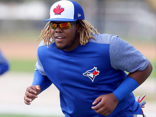 Dunedin, FL - FEB 18: Vladimir Guerrero Jr. (27) takes a lead during the Toronto Blue Jays spring training workout on February 18, 2019, at the Bobby Mattick Training Center at Englebert Complex in Dunedin, FL.