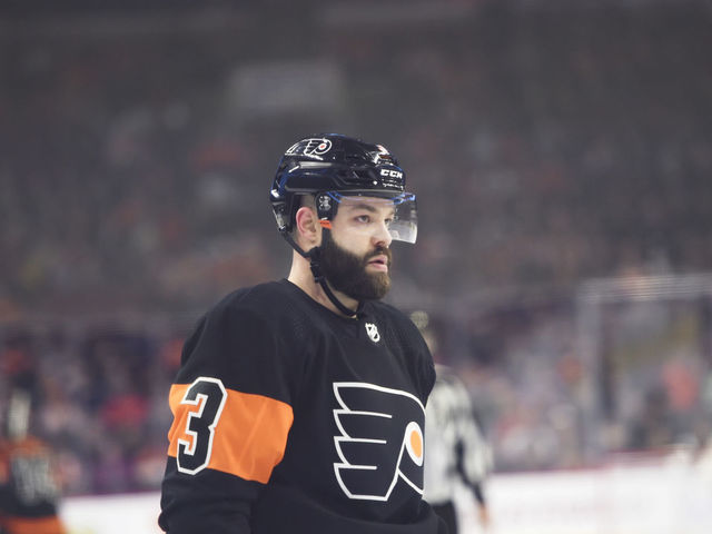 PHILADELPHIA, PA - JANUARY 16: Philadelphia Flyers Defenceman Radko Gudas (3) looks on during the game between the Boston Bruins and the Philadelphia Flyers on January 16, 2019 at Wells Fargo Center in Philadelphia, PA.