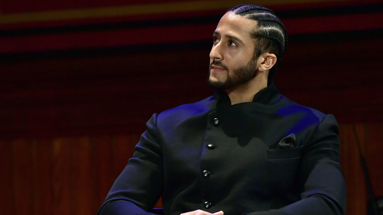 CAMBRIDGE, MA - OCTOBER 11: Colin Kaepernick on stage at the W.E.B. Du Bois Medal Award Ceremony at Harvard University on October 11, 2018 in Cambridge, Massachusetts. 2018 Honorees included Kehinde Wiley, Florence Ladd, Kenneth Chenault, Shirley Ann Jackson, Pamela Joyner, Bryan Stevenson, Dave Chappelle and Colin Kaepernick.