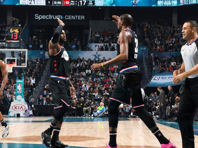 CHARLOTTE, NC - FEBRUARY 17: LeBron James #23 and Kevin Durant #35 of Team LeBron high five during the game against Team Giannis during the 2019 NBA All-Star Game on February 17, 2019 at the Spectrum Center in Charlotte, North Carolina. NOTE TO USER: User expressly acknowledges and agrees that, by downloading and/or using this photograph, user is consenting to the terms and conditions of the Getty Images License Agreement. Mandatory Copyright Notice: Copyright 2019 NBAE