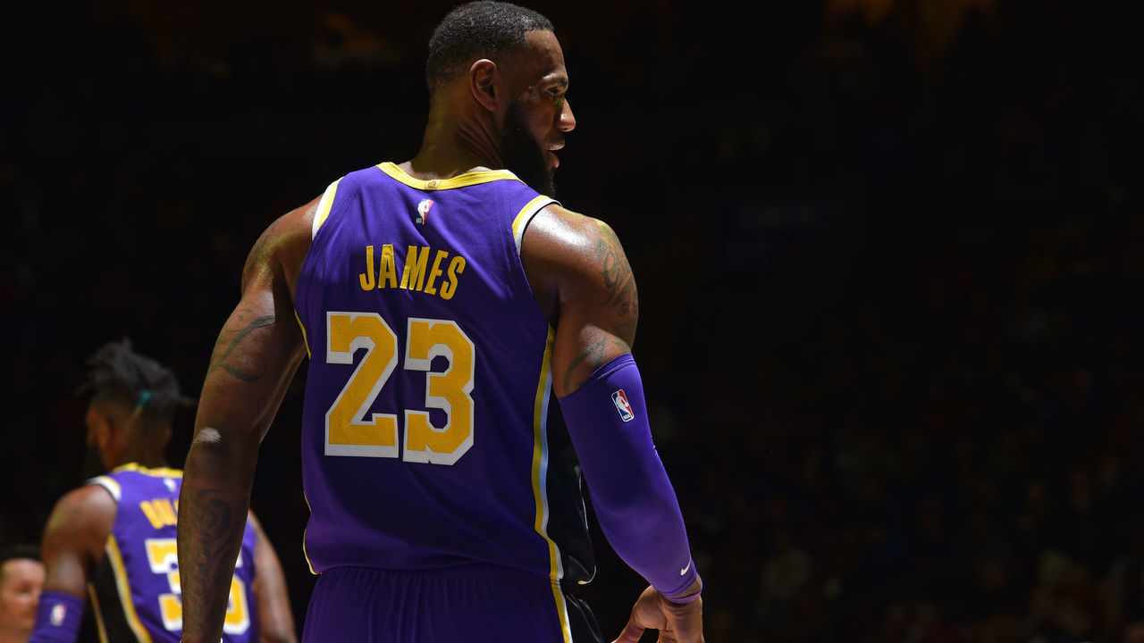 PHILADELPHIA, PA - FEBRUARY 10: LeBron James #23 of the Los Angeles Lakers looks on during the game against the Philadelphia 76ers on February 10, 2019 at the Wells Fargo Center in Philadelphia, Pennsylvania NOTE TO USER: User expressly acknowledges and agrees that, by downloading and/or using this Photograph, user is consenting to the terms and conditions of the Getty Images License Agreement. Mandatory Copyright Notice: Copyright 2019 NBAE