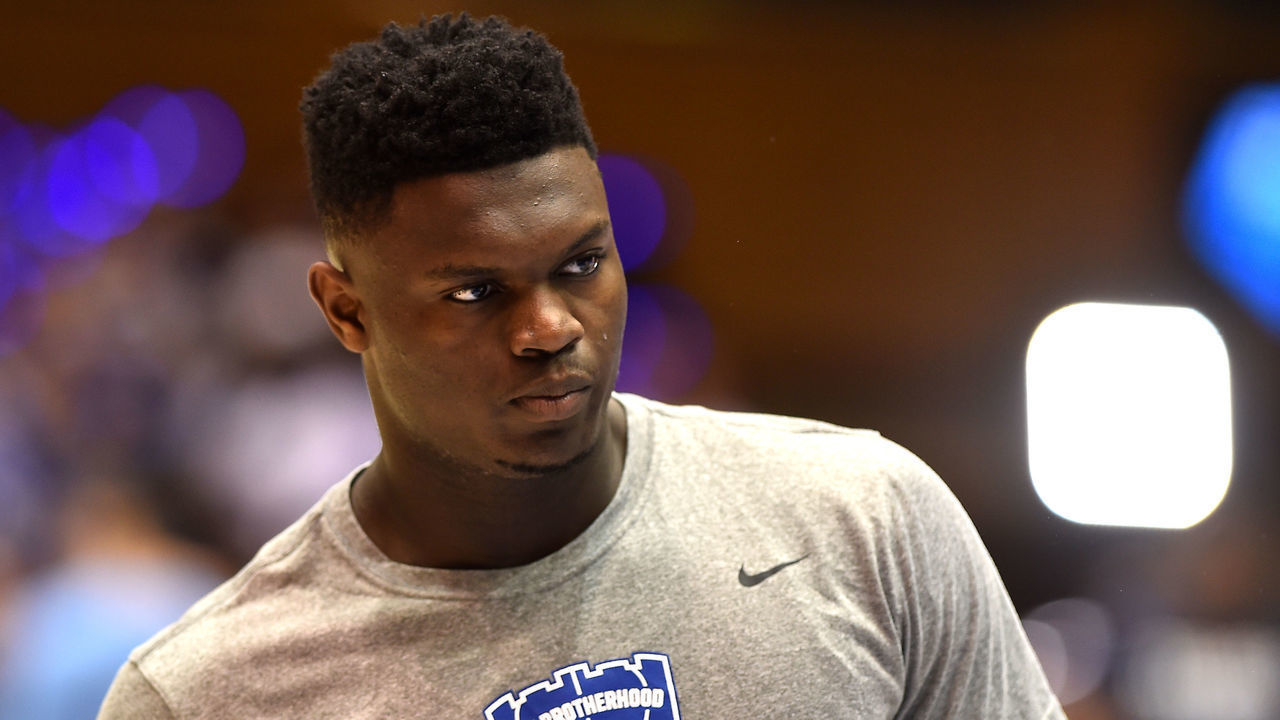 DURHAM, NC - FEBRUARY 20: Zion Williamson #1 of the Duke Blue Devils warms up prior to their game against the North Carolina Tar Heels at Cameron Indoor Stadium on February 20, 2019 in Durham, North Carolina.