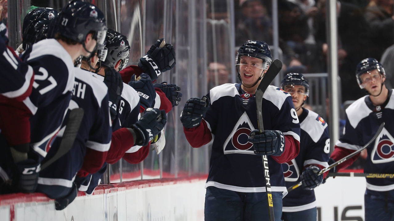 DENVER, CO - FEBRUARY 20: Mikko Rantanen #96 of the Colorado Avalanche celebrates a goal with teammates against the Winnipeg Jets at the Pepsi Center on February 20, 2019 in Denver, Colorado.