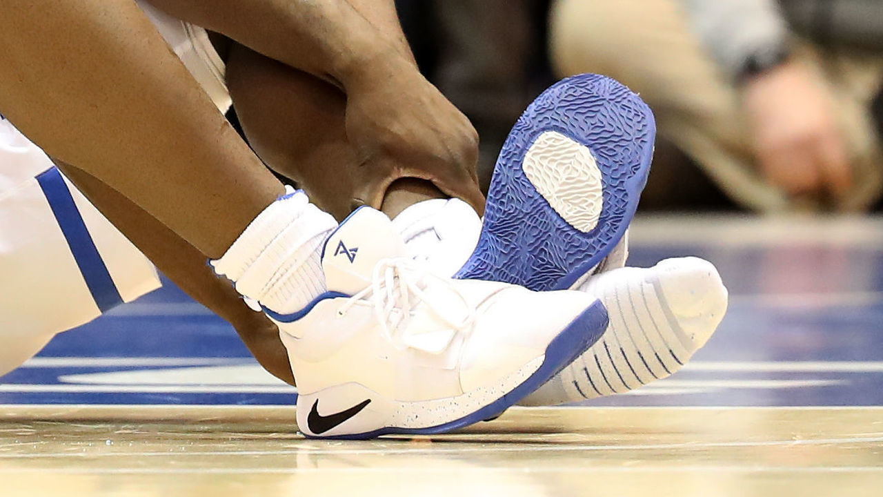 DURHAM, NORTH CAROLINA - FEBRUARY 20: A detailed view of the shoe worn by Zion Williamson #1 of the Duke Blue Devils against the North Carolina Tar Heels during their game at Cameron Indoor Stadium on February 20, 2019 in Durham, North Carolina.
