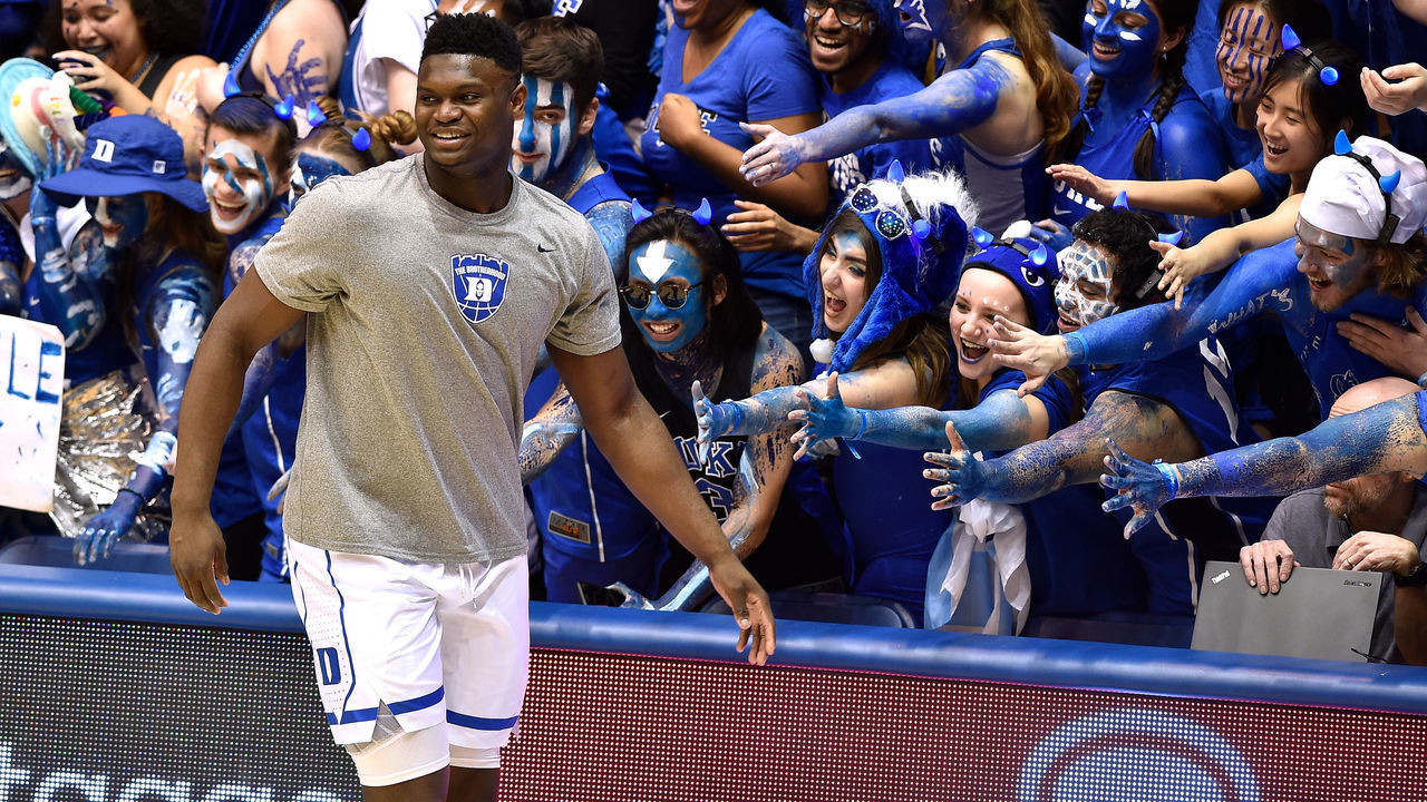 DURHAM, NC - FEBRUARY 20: Zion Williamson #1 of the Duke Blue Devils warms up prior to their game against the North Carolina Tar Heels at Cameron Indoor Stadium on February 20, 2019 in Durham, North Carolina.
