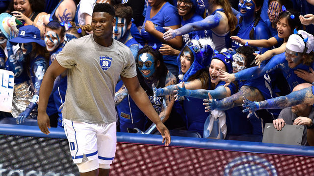 DURHAM, NC - FEBRUARY 20: Zion Williamson #1 of the Duke Blue Devils warms up prior to their game against the North Carolina Tar Heels at Cameron Indoor Stadium on February 20, 2019 in Durham, North Carolina.