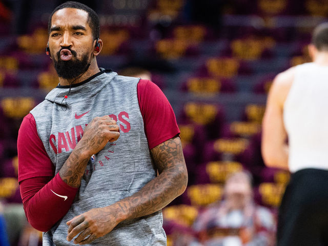 CLEVELAND, OH - OCTOBER 21: JR Smith #5 of the Cleveland Cavaliers reacts after narrowly missing a half court shot during warms ups prior to the game against the Atlanta Hawks at Quicken Loans Arena on October 21, 2018 in Cleveland, Ohio. NOTE TO USER: User expressly acknowledges and agrees that, by downloading and/or using this photograph, user is consenting to the terms and conditions of the Getty Images License Agreement.