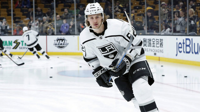BOSTON, MA - FEBRUARY 09: Los Angeles Kings left wing Carl Hagelin (62) before a game between the Boston Bruins and the Los Angeles Kings on February 9, 2019, at TD Garden in Boston, Massachusetts.