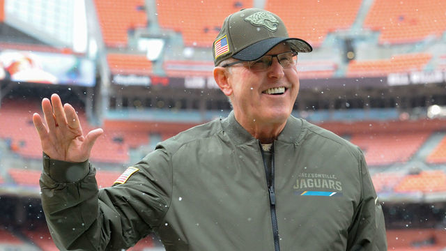 CLEVELAND, OH - NOVEMBER 19, 2017: Executive vice president of football operations Tom Coughlin of the Jacksonville Jaguars waves to fans as he walks onto the field prior to a game on November 19, 2017 against the Cleveland Browns at FirstEnergy Stadium in Cleveland, Ohio. Jacksonville won 19-7. (Photo by: 2017 Nick Cammett/Diamond Images/Getty Images)