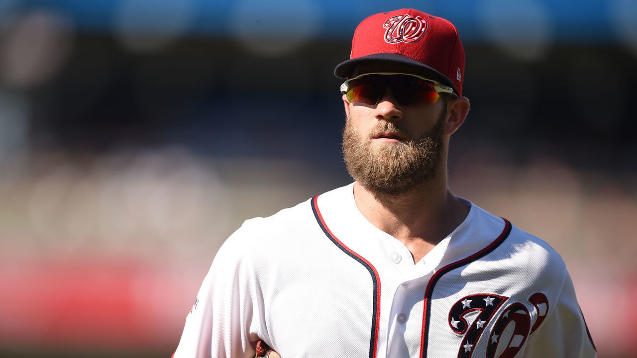 WASHINGTON, DC - SEPTEMBER 03: Bryce Harper #34 of the Washington Nationals runs back to the dug out during a baseball game against the St. Louis Cardinals at Nationals Park on September 3, 2018 in Washington, DC.