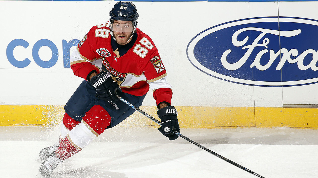SUNRISE, FL - FEBRUARY 19: Mike Hoffman #68 of the Florida Panthers skates with the puck against the Buffalo Sabres at the BB&T Center on February 19, 2019 in Sunrise, Florida.