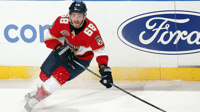 SUNRISE, FL - FEBRUARY 19: Mike Hoffman #68 of the Florida Panthers skates with the puck against the Buffalo Sabres at the BB&T Center on February 19, 2019 in Sunrise, Florida.