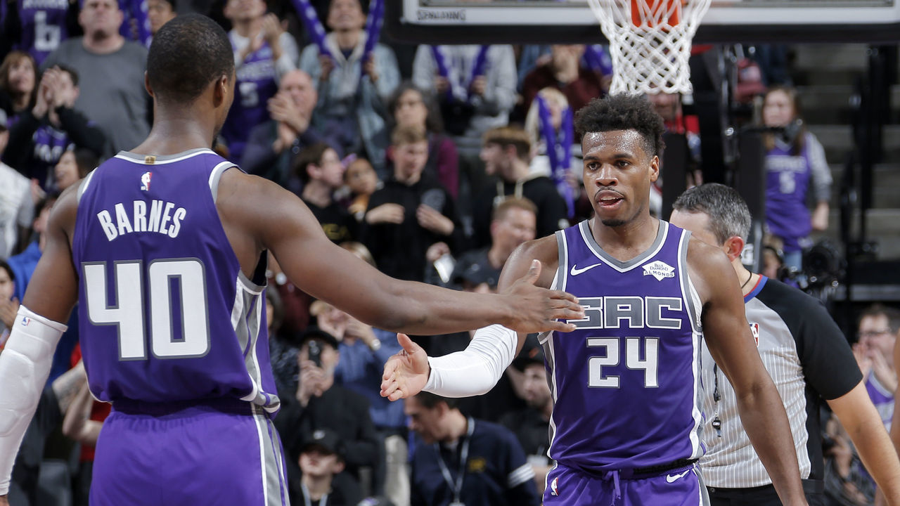 SACRAMENTO, CA - FEBRUARY 8: Harrison Barnes #40 and Buddy Hield #24 of the Sacramento Kings high five during the game against the Miami Heat on February 8, 2019 at Golden 1 Center in Sacramento, California. NOTE TO USER: User expressly acknowledges and agrees that, by downloading and/or using this photograph, user is consenting to the terms and conditions of the Getty Images License Agreement. Mandatory Copyright Notice: Copyright 2019 NBAE