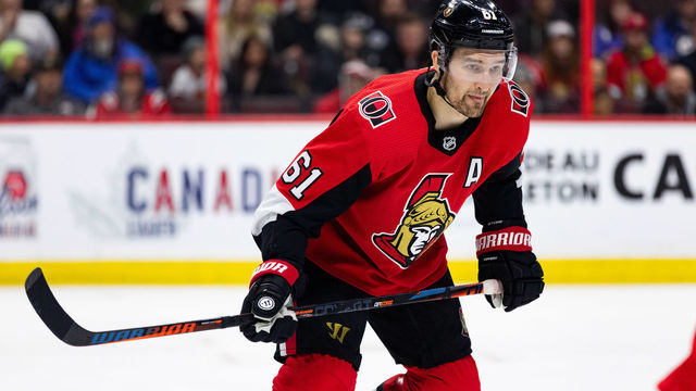 OTTAWA, ON - FEBRUARY 09: Ottawa Senators Right Wing Mark Stone (61) chases the play during third period National Hockey League action between the Winnipeg Jets and Ottawa Senators on February 9, 2019, at Canadian Tire Centre in Ottawa, ON, Canada.