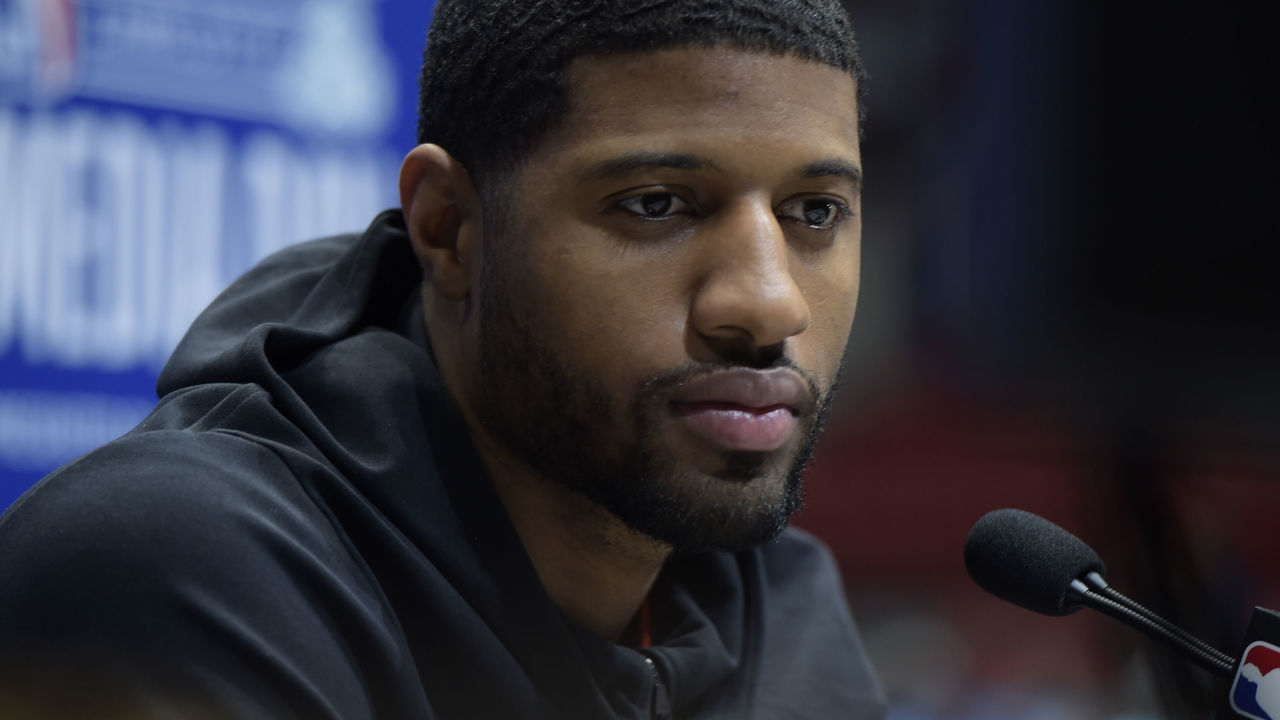 CHARLOTTE, NC - FEBRUARY 16: Paul George #13 of Team Giannis addresses the media during the 2019 NBA All-Star Practice and Media Availability on February 16, 2019 at Bojangles Coliseum in Charlotte, North Carolina. Mandatory Copyright Notice: Copyright 2019 NBAE