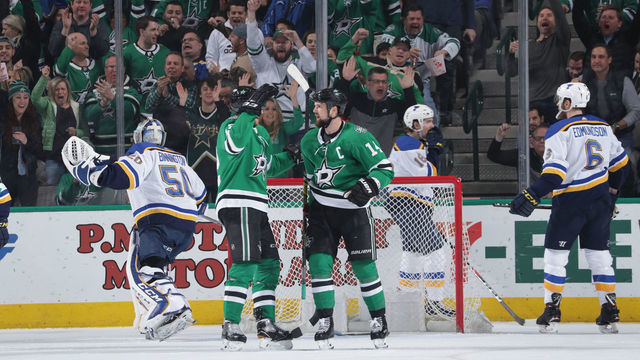 DALLAS, TX - FEBRUARY 21: Jamie Benn #14 and the Dallas Stars celebrate a goal against the St. Louis Blues at the American Airlines Center on February 21, 2019 in Dallas, Texas.