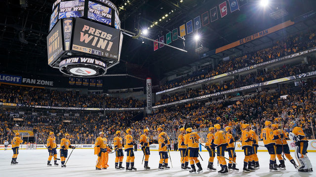 NASHVILLE, TN - FEBRUARY 21: The Nashville Predators celebrate a 2-1 win against the Los Angeles Kings at Bridgestone Arena on February 21, 2019 in Nashville, Tennessee.