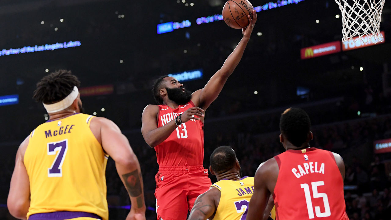 LOS ANGELES, CALIFORNIA - FEBRUARY 21: James Harden #13 of the Houston Rockets scores on a layup during the first half against the Los Angeles Lakers at Staples Center on February 21, 2019 in Los Angeles, California.