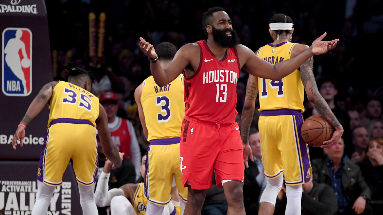 LOS ANGELES, CALIFORNIA - FEBRUARY 21: James Harden #13 of the Houston Rockets reacts to his fifth foul during a 111-106 loss to the Los Angeles Lakers win at Staples Center on February 21, 2019 in Los Angeles, California.