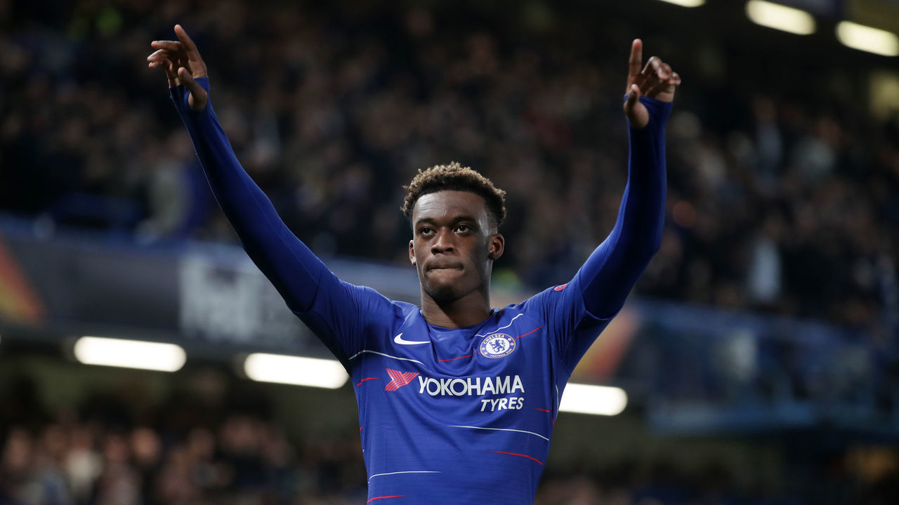 Chelsea's Callum Hudson-Odoi celebrates scoring his side's third goal of the game during the UEFA Europa League round of 32 second leg match at Stamford Bridge, London.