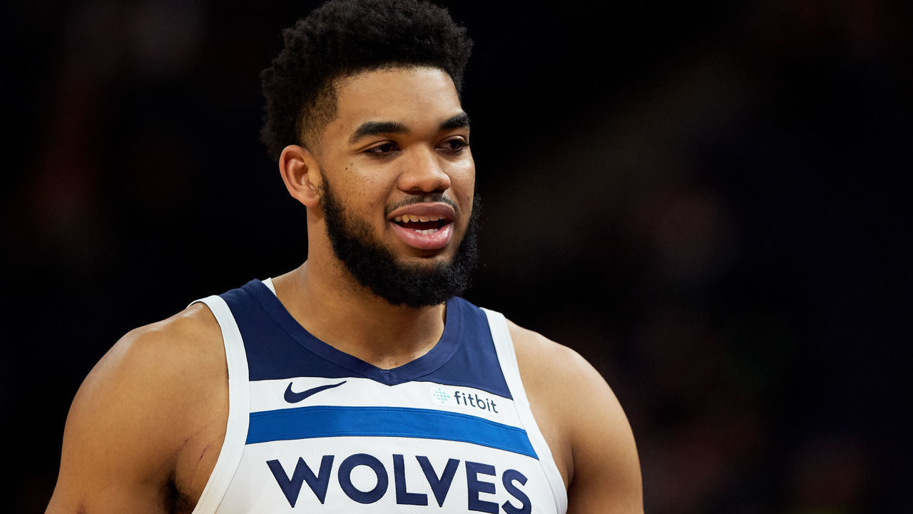 MINNEAPOLIS, MN - FEBRUARY 11: Karl-Anthony Towns #32 of the Minnesota Timberwolves looks on during the game against the Los Angeles Clippers on February 11, 2019 at the Target Center in Minneapolis, Minnesota.
