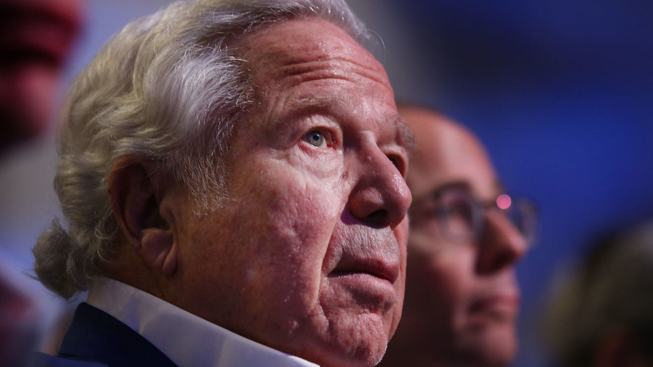 ATLANTA GA. - JANUARY 30: Patriots owner Robert Kraft with his son, Jonathon, listens during NFL Commissioner Roger Goodell's media availability on January 30, 2019 in Atlanta, GA. (Staff Photo By Nancy Lane/MediaNews Group/Boston Herald)