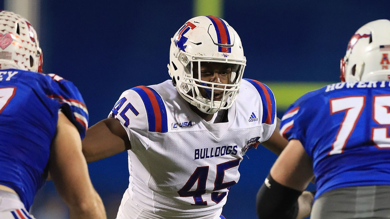 FRISCO, TX - DECEMBER 20: Jaylon Ferguson #45 of the Louisiana Tech Bulldogs during the 2017 DXL Frisco Bowl on December 20, 2017 in Frisco, Texas.