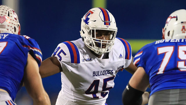 FRISCO, TX - DECEMBER 20: Jaylon Ferguson #45 of the Louisiana Tech Bulldogs during the 2017 DXL Frisco Bowl on December 20, 2017 in Frisco, Texas.