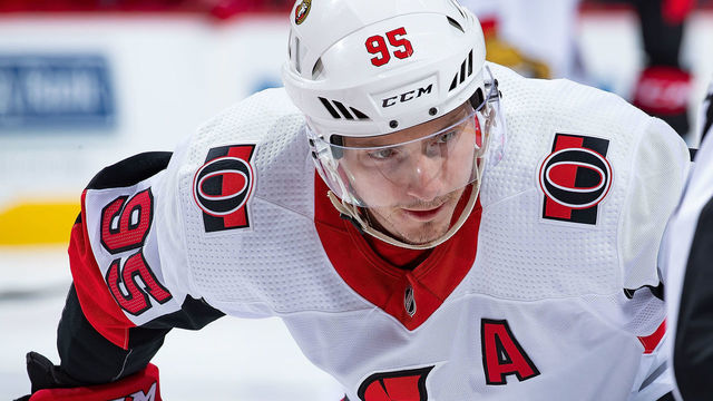 DETROIT, MI - FEBRUARY 14: Matt Duchene #95 of the Ottawa Senators gets set for the face-off against the Detroit Red Wings during an NHL game at Little Caesars Arena on February 14, 2019 in Detroit, Michigan. Detroit defeated Ottawa 3-2.