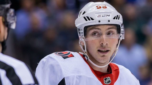 TORONTO, ON - FEBRUARY 6: Matt Duchene #95 of the Ottawa Senators talks to the referee at an NHL game against the Toronto Maple Leafs during the first period at the Scotiabank Arena on February 6, 2019 in Toronto, Ontario, Canada.