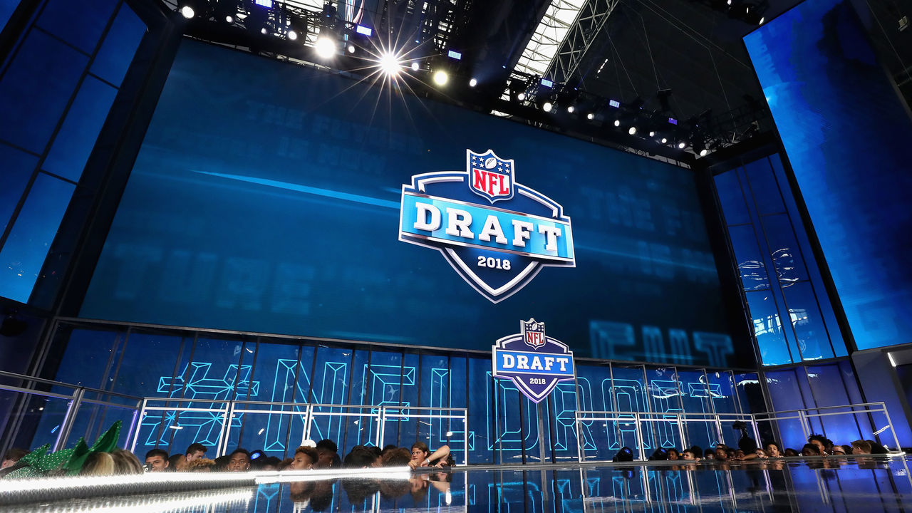 ARLINGTON, TX - APRIL 26: The 2018 NFL Draft logo is seen on a video board during the first round of the 2018 NFL Draft at AT&T Stadium on April 26, 2018 in Arlington, Texas.