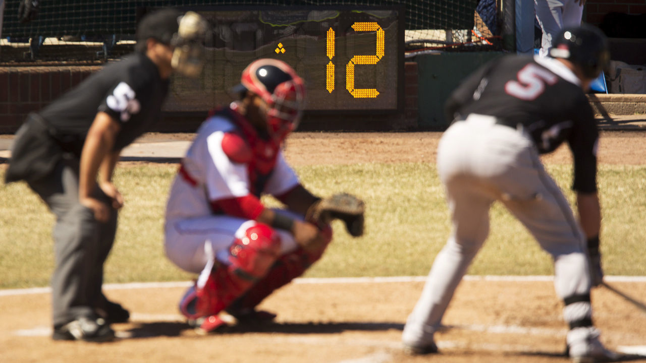 PORTLAND, ME - APRIL 15: The new Eastern League pitch clock counts down the time for a picher to deliver the ball during a game at Hadlock Field in Portland on Wednesday, April 15, 2015.