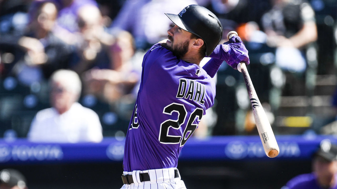 DENVER, CO - SEPTEMBER 27: David Dahl (26) of the Colorado Rockies watches a solo home run leave the park on a pith by Jake Arrieta (49) of the Philadelphia Phillies in the bottom of the first inning at Coors Field on Thursday, September 27, 2018. The Colorado Rockies hosted the Philadelphia Phillies.