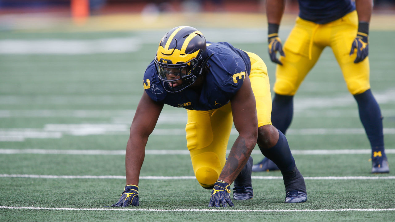 ANN ARBOR, MI - SEPTEMBER 08: Michigan Wolverines defensive lineman Rashan Gary (3) waits for the ball to be snapped during game action between Western Michigan and Michigan (21) on September 8, 2018 at Michigan Stadium in Ann Arbor, Michigan.