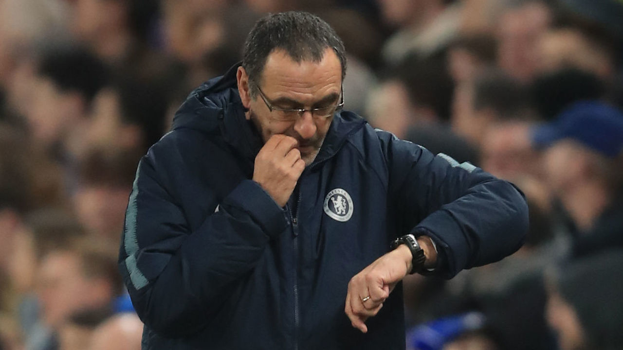 LONDON, ENGLAND - FEBRUARY 21: Maurizio Sarri manager of Chelsea during the UEFA Europa League Round of 32 Second Leg match between Chelsea and Malmo FF at Stamford Bridge on February 21, 2019 in London, England.