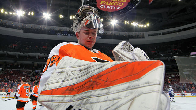 PHILADELPHIA, PA - FEBRUARY 19: Carter Hart #79 of the Philadelphia Flyers looks on during warm-ups against the Tampa Bay Lightning on February 19, 2019 at the Wells Fargo Center in Philadelphia, Pennsylvania.