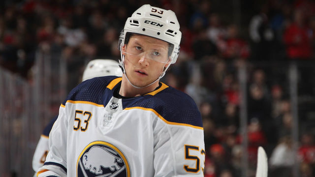 NEWARK, NEW JERSEY - FEBRUARY 17: Jeff Skinner #53 of the Buffalo Sabres skates against the New Jersey Devils at the Prudential Center on February 17, 2019 in Newark, New Jersey. The Devils defeated the Sabres 4-1.