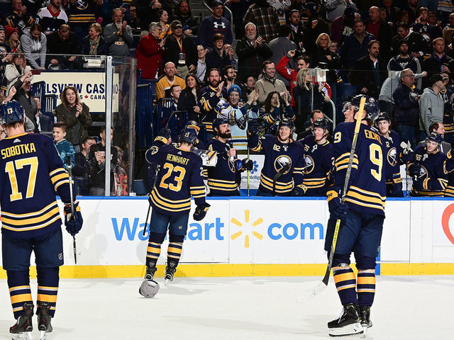 BUFFALO, NY - FEBRUARY 23: Sam Reinhart #23 of the Buffalo Sabres celebrates his third goal of the game during an NHL game against the Washington Capitals on February 23, 2019 at KeyBank Center in Buffalo, New York. Buffalo won, 5-3.