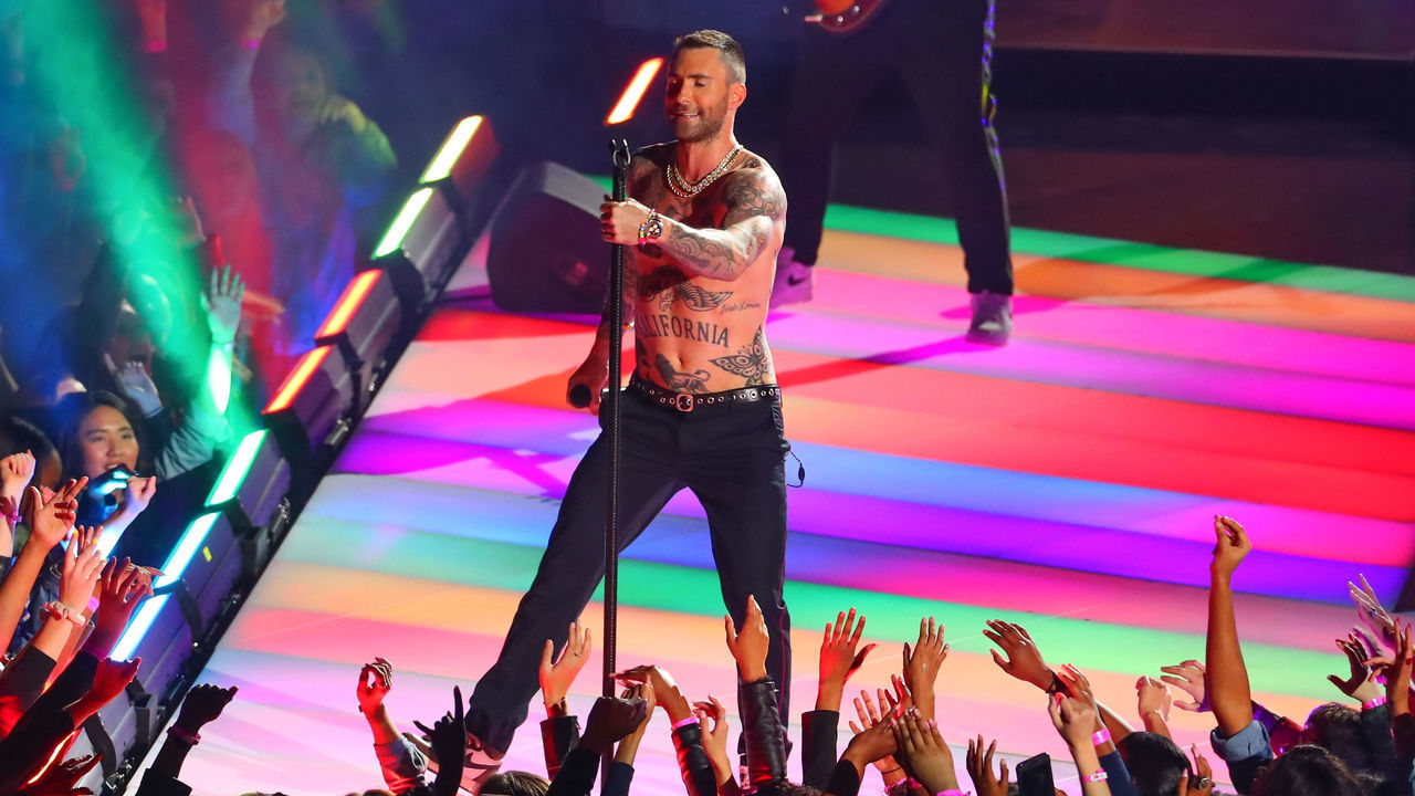 ATLANTA, GA - FEBRUARY 03: Adam Levine and Maroon 5 perform during the Pepsi Halftime Show during Super Bowl LIII between the Los Angeles Rams and the New England Patriots on February 3, 2019 at Mercedes Benz Stadium in Atlanta, GA.