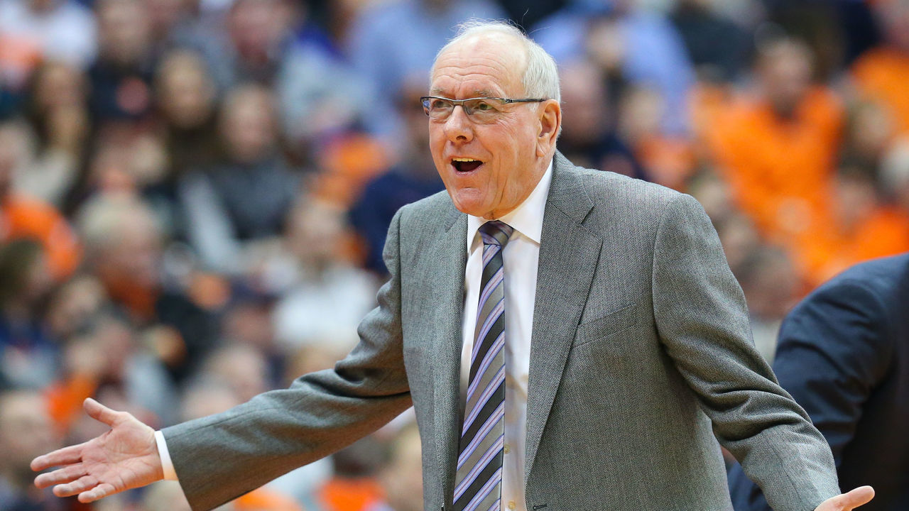 SYRACUSE, NY - FEBRUARY 20: Head coach Jim Boeheim of the Syracuse Orange reacts to a call against the Louisville Cardinals during the second half at the Carrier Dome on February 20, 2019 in Syracuse, New York. Syracuse defeated Louisville 69-49.