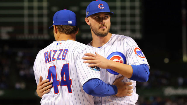 CHICAGO, IL - OCTOBER 2: Anthony Rizzo #44 hugs Kris Bryant #17 of the Chicago Cubs prior to the National League Wild Card game against the Colorado Rockies at Wrigley Field on Tuesday, October 2, 2018 in Chicago, Illinois.