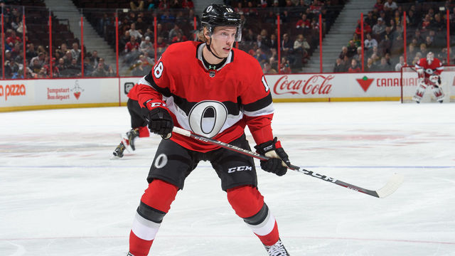 OTTAWA, ON - FEBRUARY 7: Ryan Dzingel #18 of the Ottawa Senators skates against the Anaheim Ducks at Canadian Tire Centre on February 7, 2019 in Ottawa, Ontario, Canada.