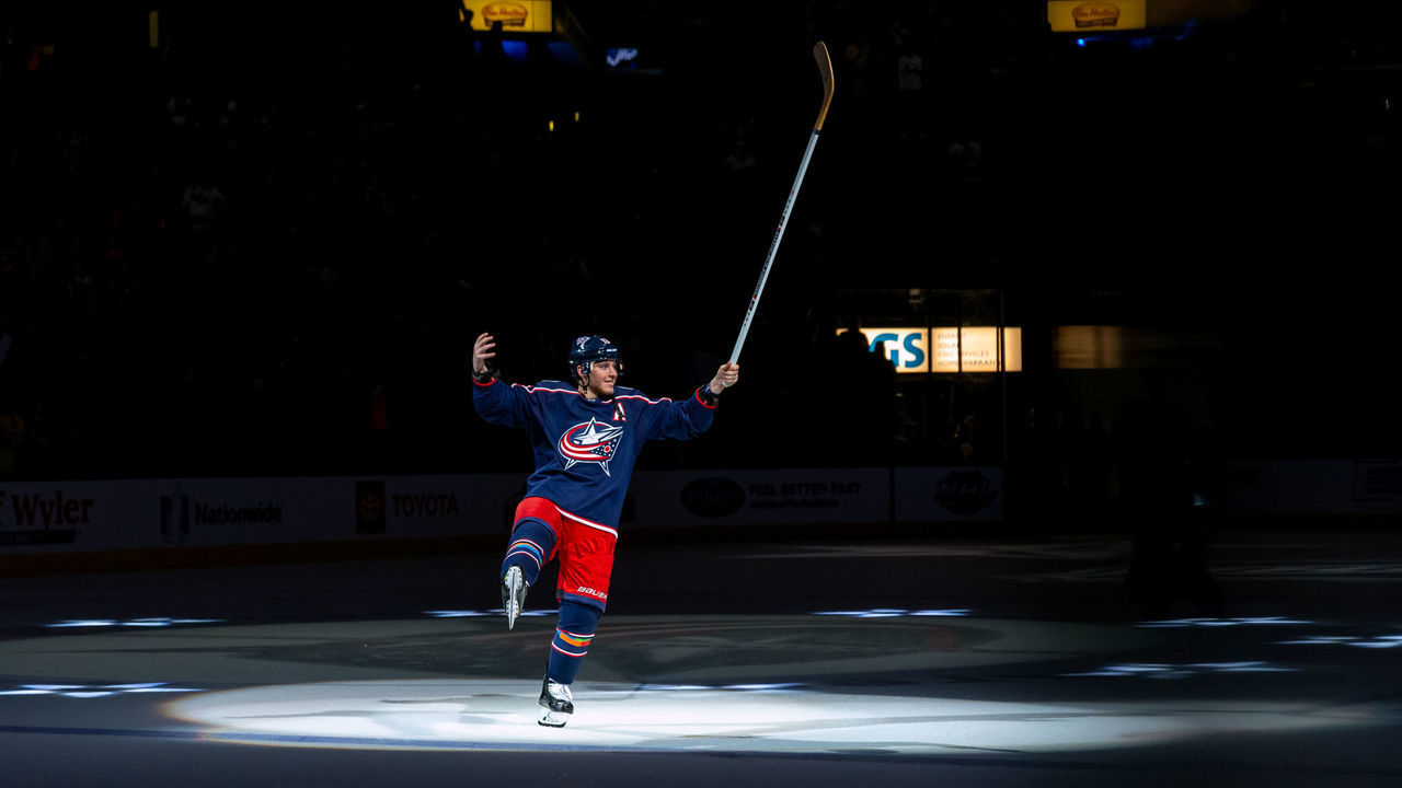COLUMBUS, OH - FEBRUARY 23: Columbus Blue Jackets right wing Cam Atkinson (13) pumps the fans up after being named the second star of the game in a game between the Columbus Blue Jackets and the San Jose Sharks on February 23, 2019 at Nationwide Arena in Columbus, OH.