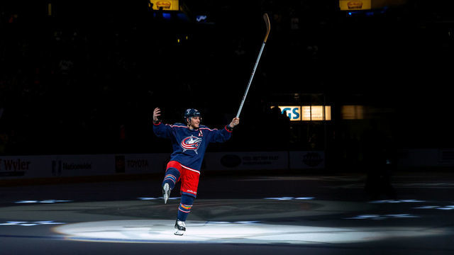 COLUMBUS, OH - FEBRUARY 23: Columbus Blue Jackets right wing Cam Atkinson (13) pumps the fans up after being named the second star of the game in a game between the Columbus Blue Jackets and the San Jose Sharks on February 23, 2019 at Nationwide Arena in Columbus, OH.
