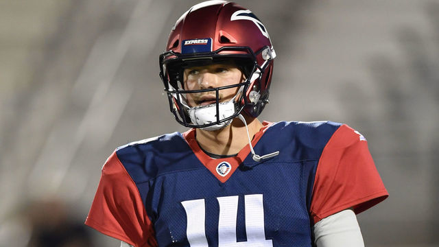 ORLANDO, FL - FEBRUARY 23: Memphis Express quarterback Christian Hackenberg (14) prior to the first half of an AAF game between Memphis Express and the Orlando Apollos on February 23, 2019, at Spectrum Stadium in Orlando, FL.
