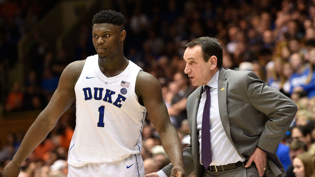 DURHAM, NORTH CAROLINA - DECEMBER 18: Head coach Mike Krzyzewski talks with Zion Williamson #1 of the Duke Blue Devils during their game against the Princeton Tigers at Cameron Indoor Stadium on December 18, 2018 in Durham, North Carolina. Duke won 101-50.