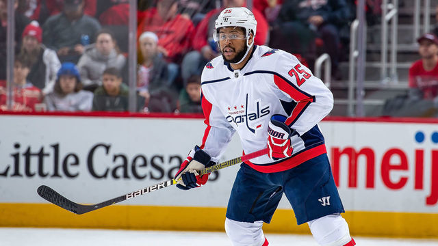 DETROIT, MI - JANUARY 06: Devante Smith-Pelly #25 of the Washington Capitals follows the play against the Detroit Red Wings during an NHL game at Little Caesars Arena on January 6, 2019 in Detroit, Michigan. The Capitals defeated the Red Wings 3-2.