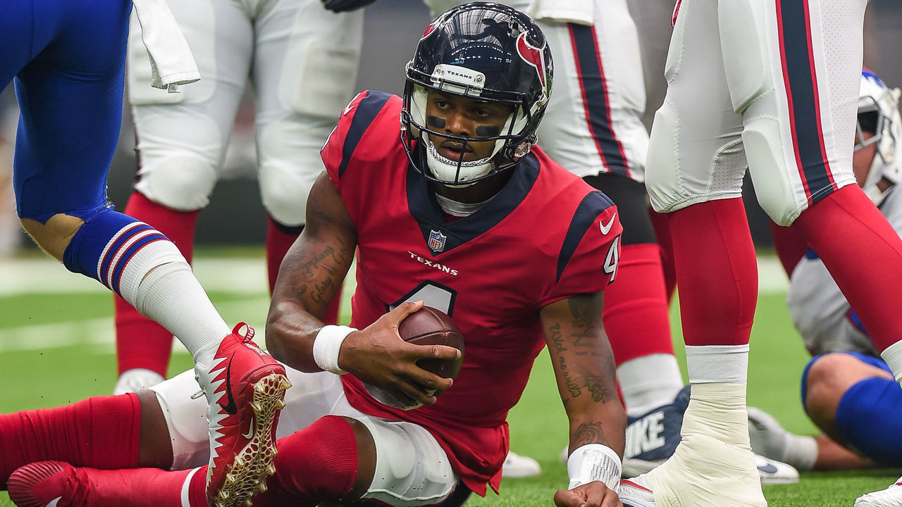 HOUSTON, TX - OCTOBER 14: Houston Texans quarterback Deshaun Watson (4) looks over following a sack during the football game between the Buffalo Bills and Houston Texans on October 14, 2018 at NRG Stadium in Houston, Texas. The Texans beat the Bills 20-13.