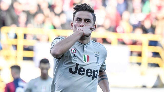 Juventus' Argentine forward Paulo Dybala celebrates after opening the scoring during the Italian Serie A football match Bologna vs Juventus on February 24, 2019 at the Renato-Dall'Ara stadium in Bologna.